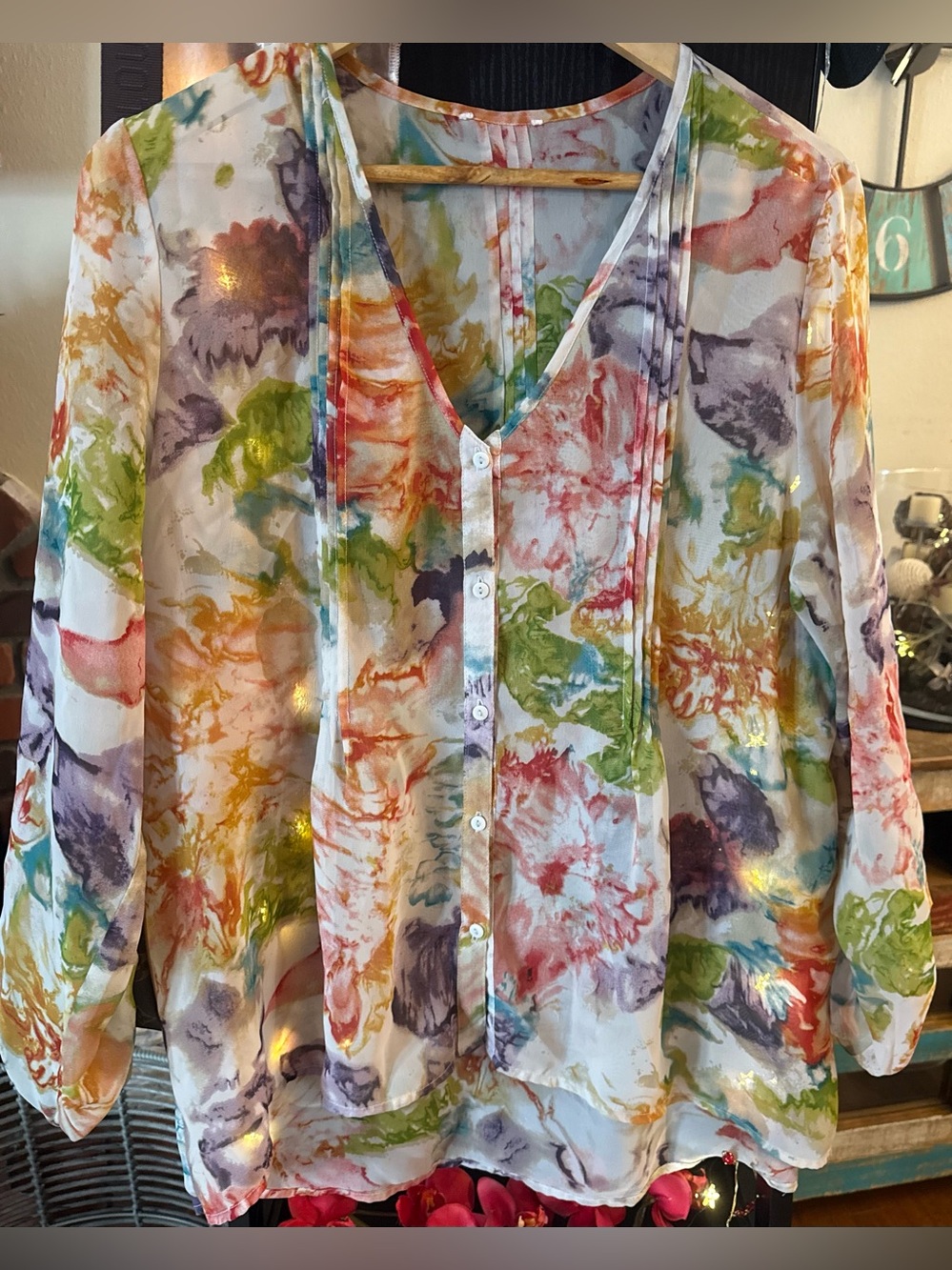 Pins & Needles White Sheer Button-Front Blouse with Multicolor Watercolor Floral